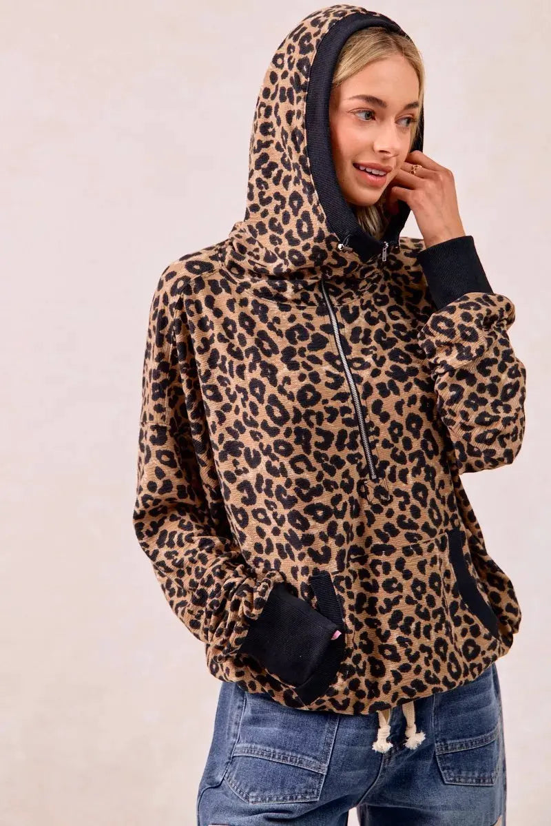 BiBi Leopard Print Waffle Half Zip Up Hoodie W Pocket by BiBi