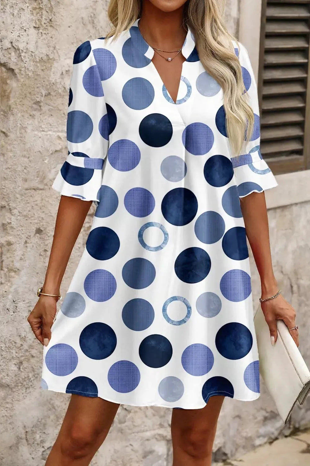 Polka Dot Print Flounced Half Sleeve Casual Vacation Style Mini Dress by Trendsi