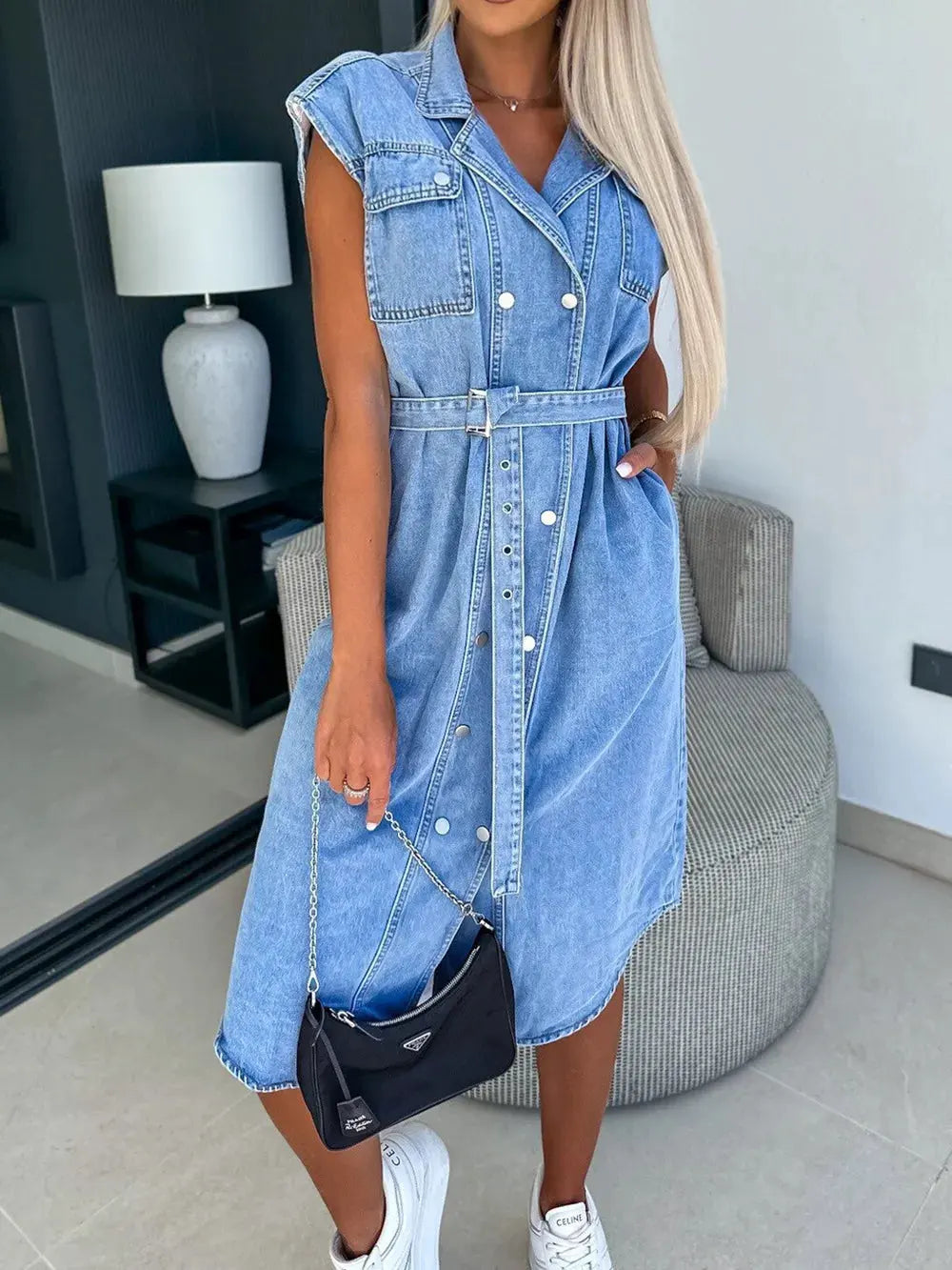 Collared Neck Cap Sleeve Denim Dress by Partner Label