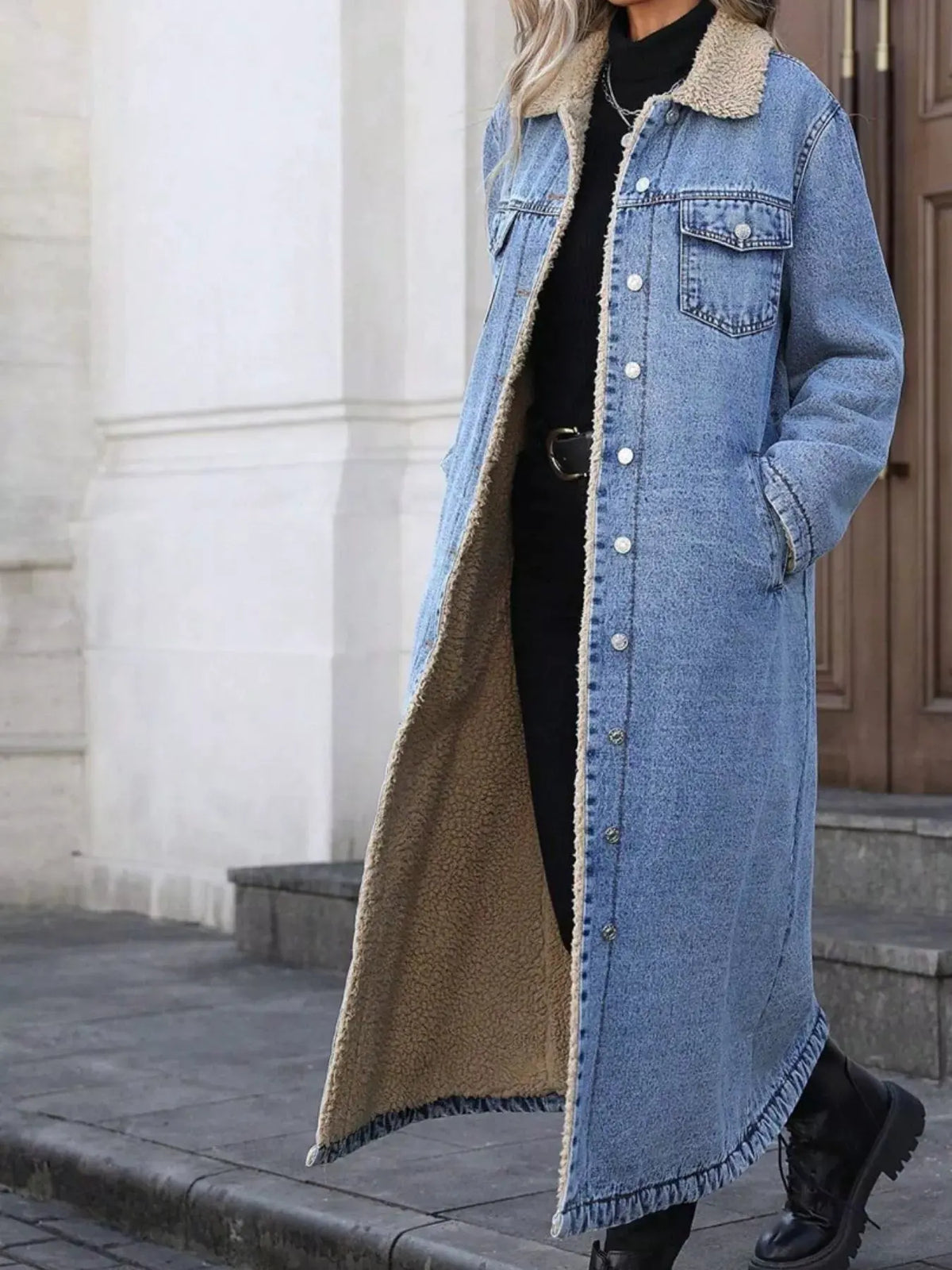 Sherpa Lined Longline Denim Jacket by Partner Label