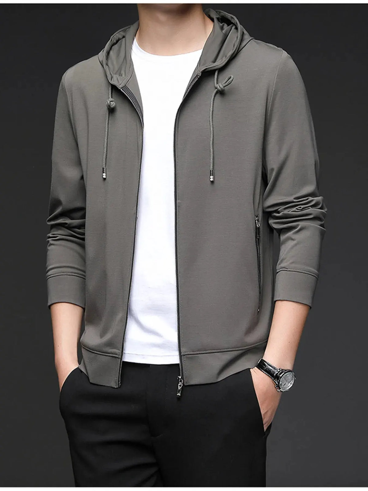 Men's Plus Size Drawstring Zip Up Long Sleeve Hoodie by Trendsi