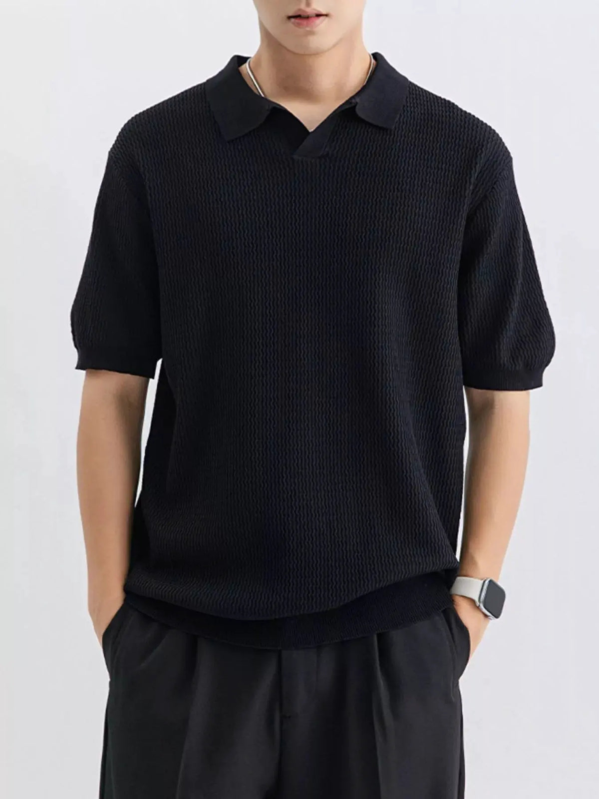 Men's Plus Size Textured Knit Short Sleeve Polo by Trendsi