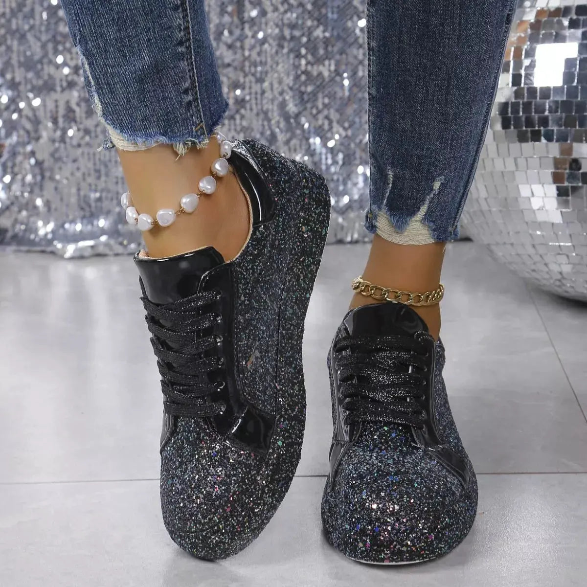 Sequin Lace Up Sneakers by Partner Label