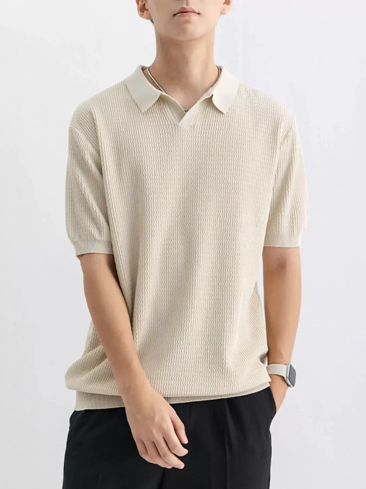 Men's Plus Size Textured Knit Short Sleeve Polo by Trendsi
