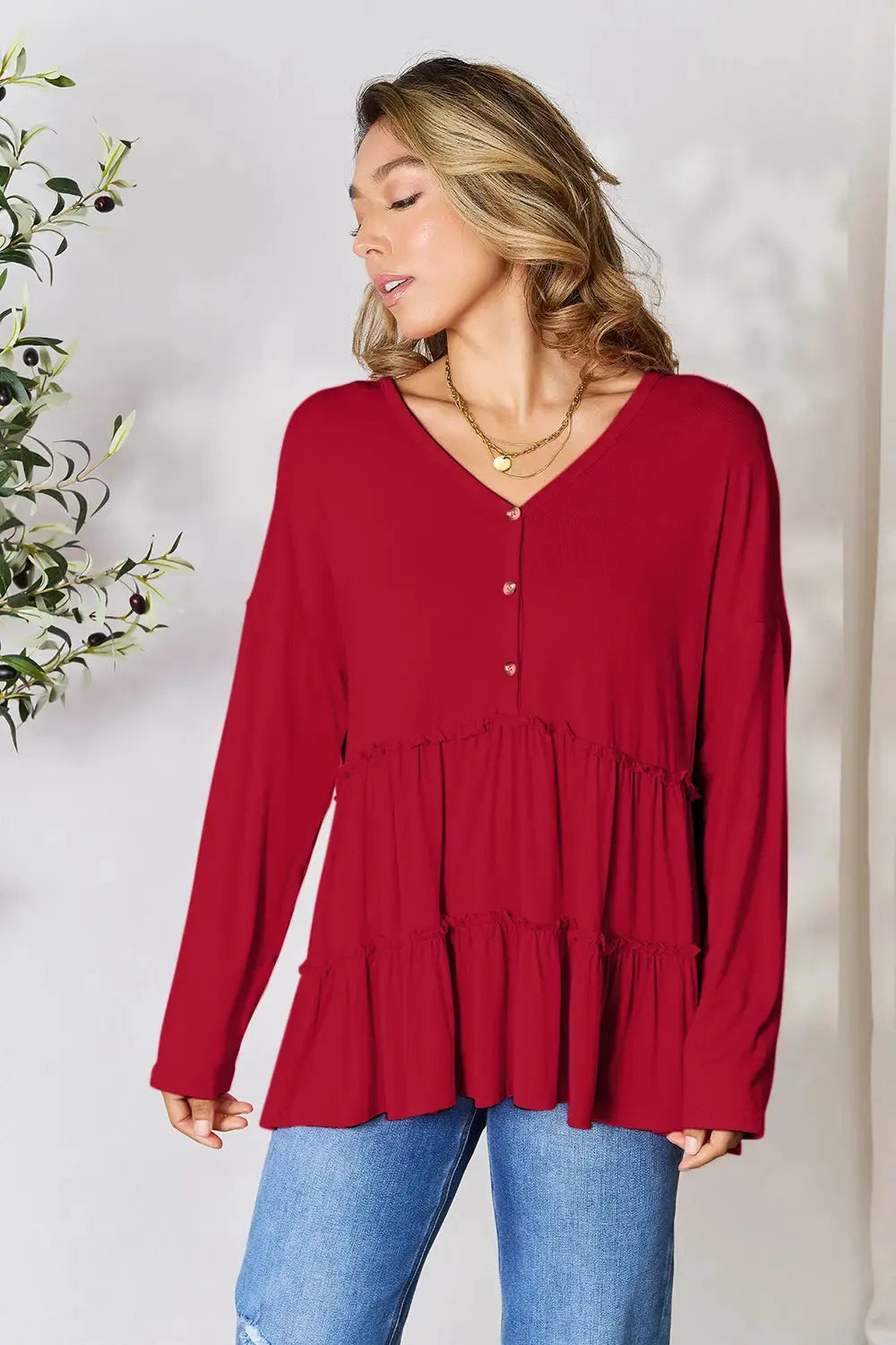 Double Take Half Button Long Sleeve Ruffle Hem Blouse by Double Take