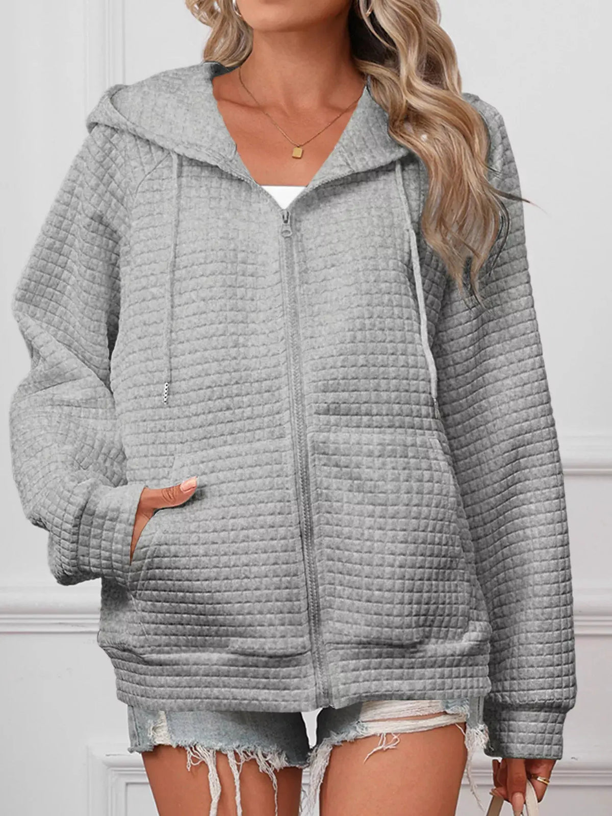 Full Size Textured Quilted Zip-Up Hooded Jacket Plus Size by Partner Label