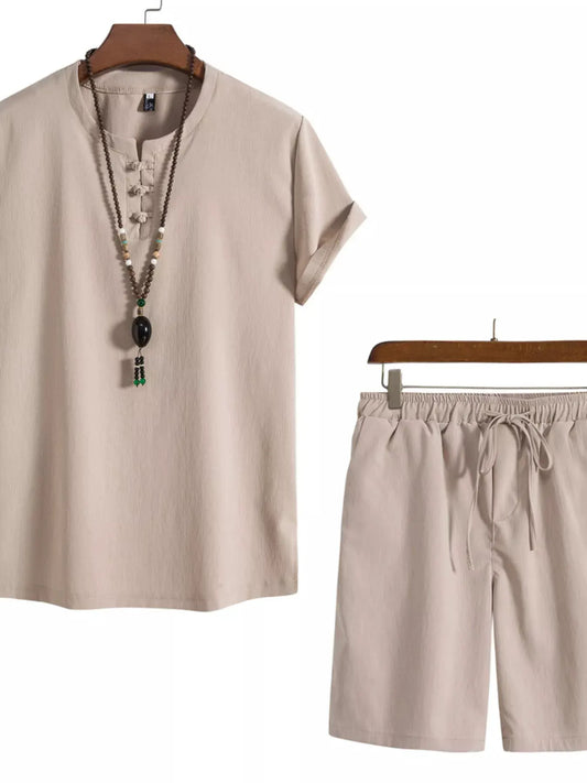 Men's Plus Size Mandarin Collar Short Sleeve Shirt and Shorts Set by Trendsi
