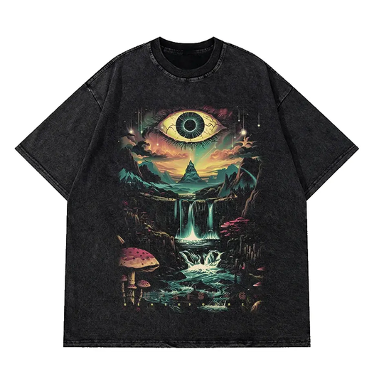 Vintage Washed Cotton Dark Fantasy Forest Eye Graphic T-Shirt by Vimost Shop