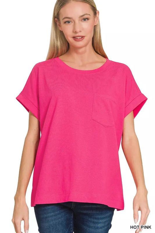 Zenana Cuffed Front Pocket Short Sleeve Tee by Zenana