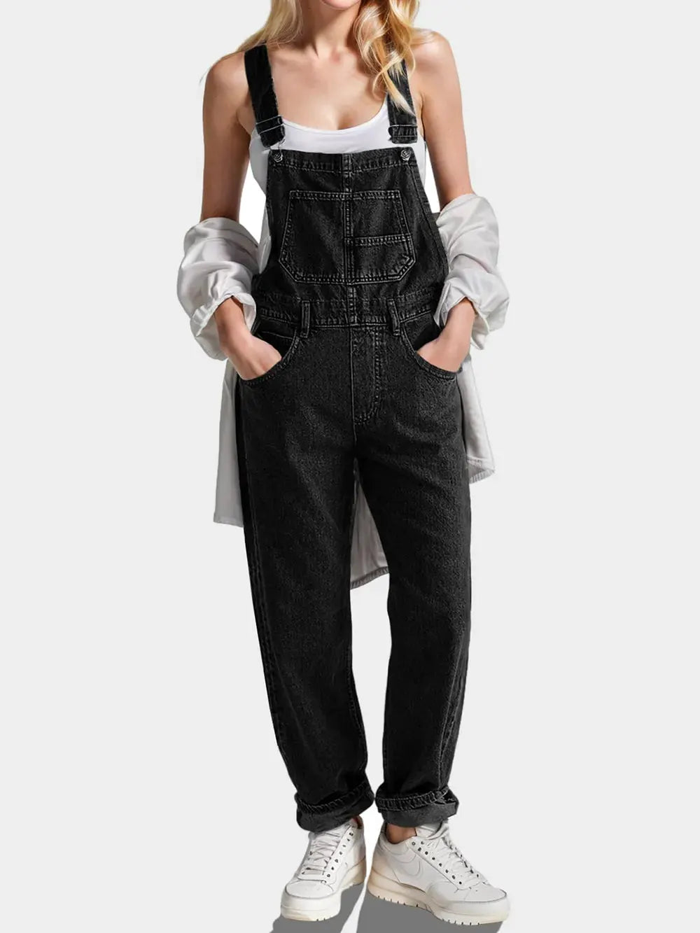 Square Neck Wide Strap Denim Overalls by Partner Labels