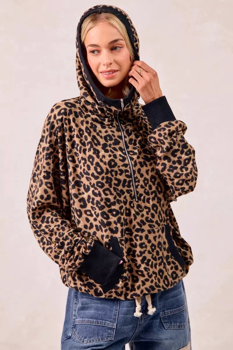 BiBi Leopard Print Waffle Half Zip Up Hoodie W Pocket by BiBi