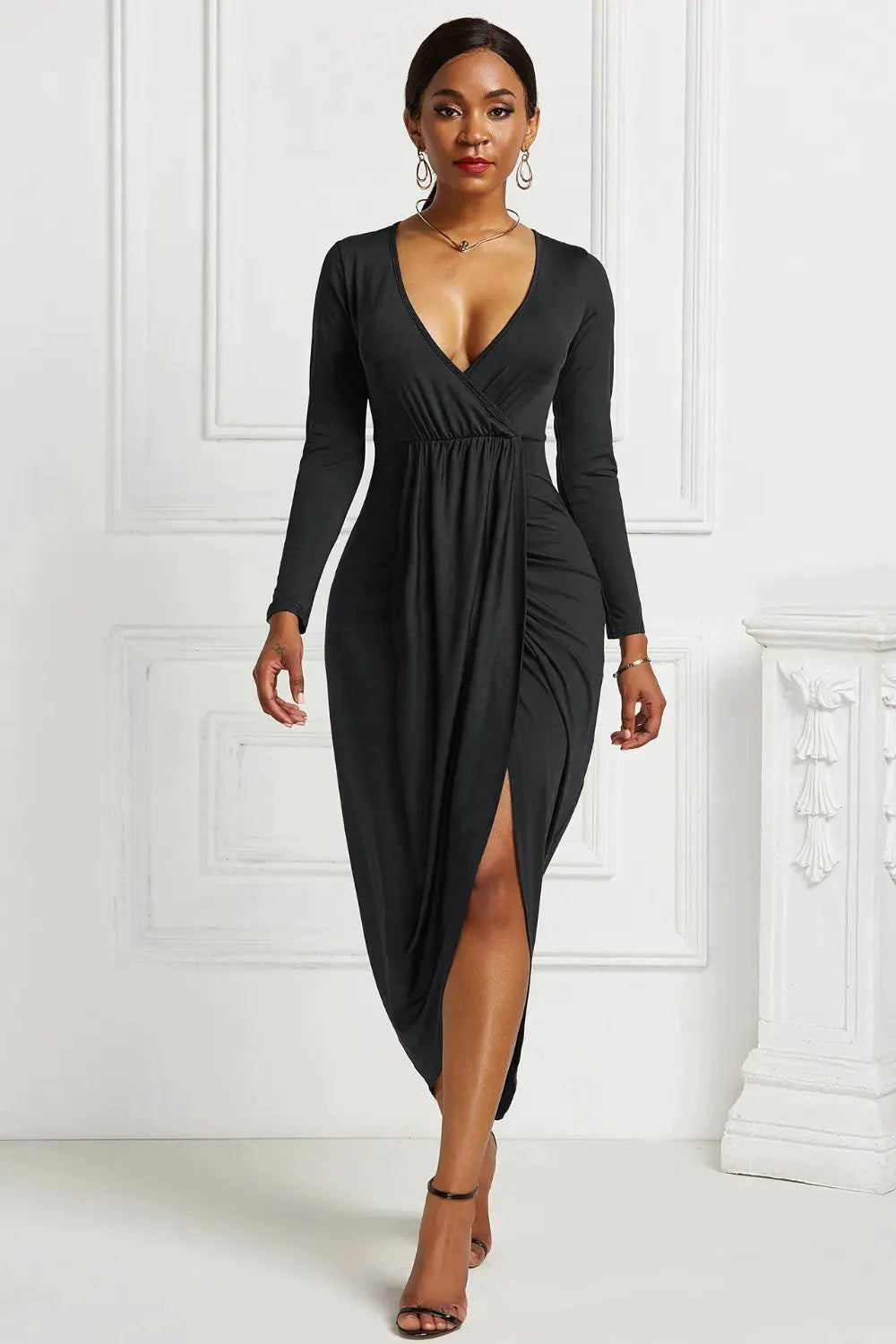 High-low Ruched Surplice Long Sleeve Dress by Partner Label