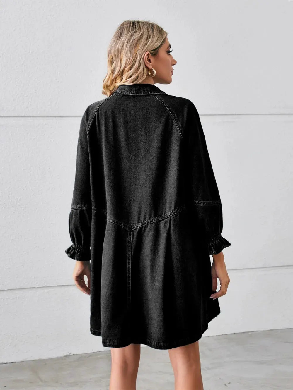 Button Up Flounce Sleeve Mini Denim Dress by Partner Label