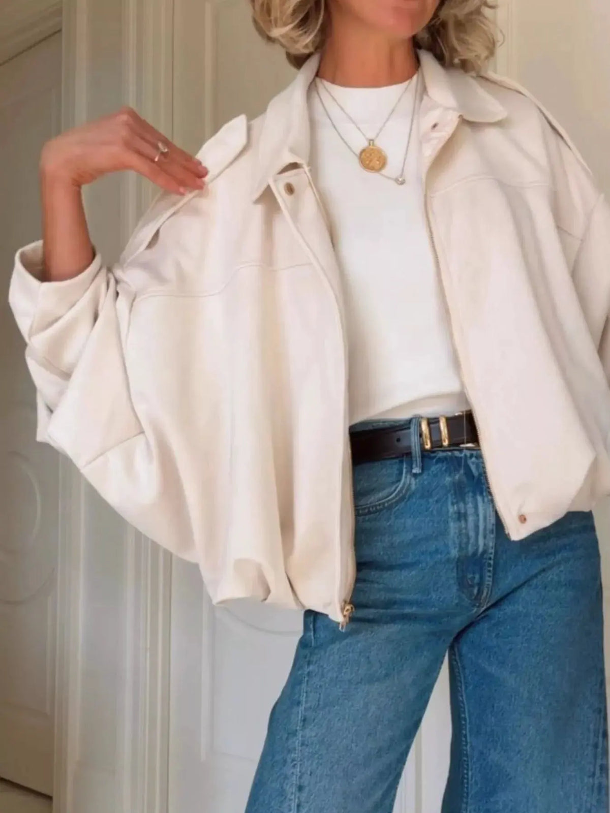 Zip Up Dropped Shoulder Suede Jacket by Partner Label
