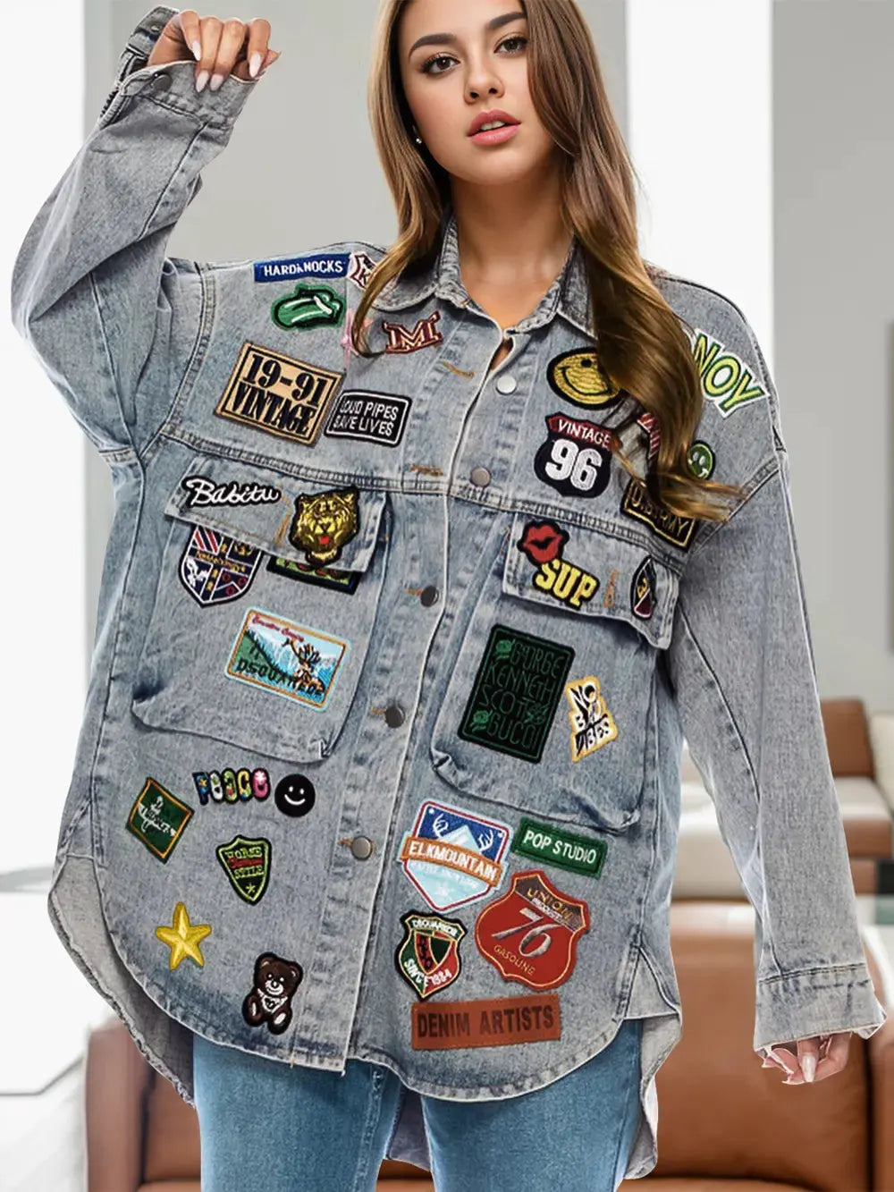 Embroidered Patch Button Up Long Sleeve Denim Jacket by Partner Label