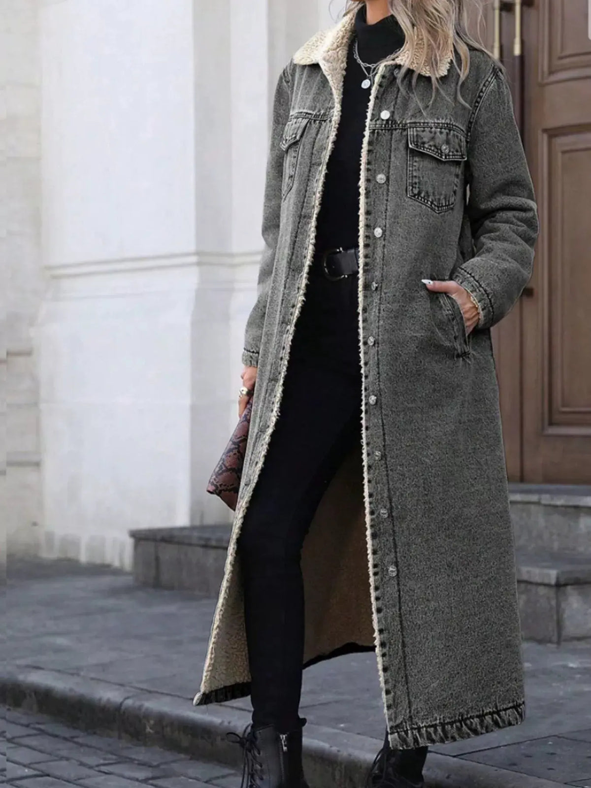 Sherpa Lined Longline Denim Jacket by Partner Label