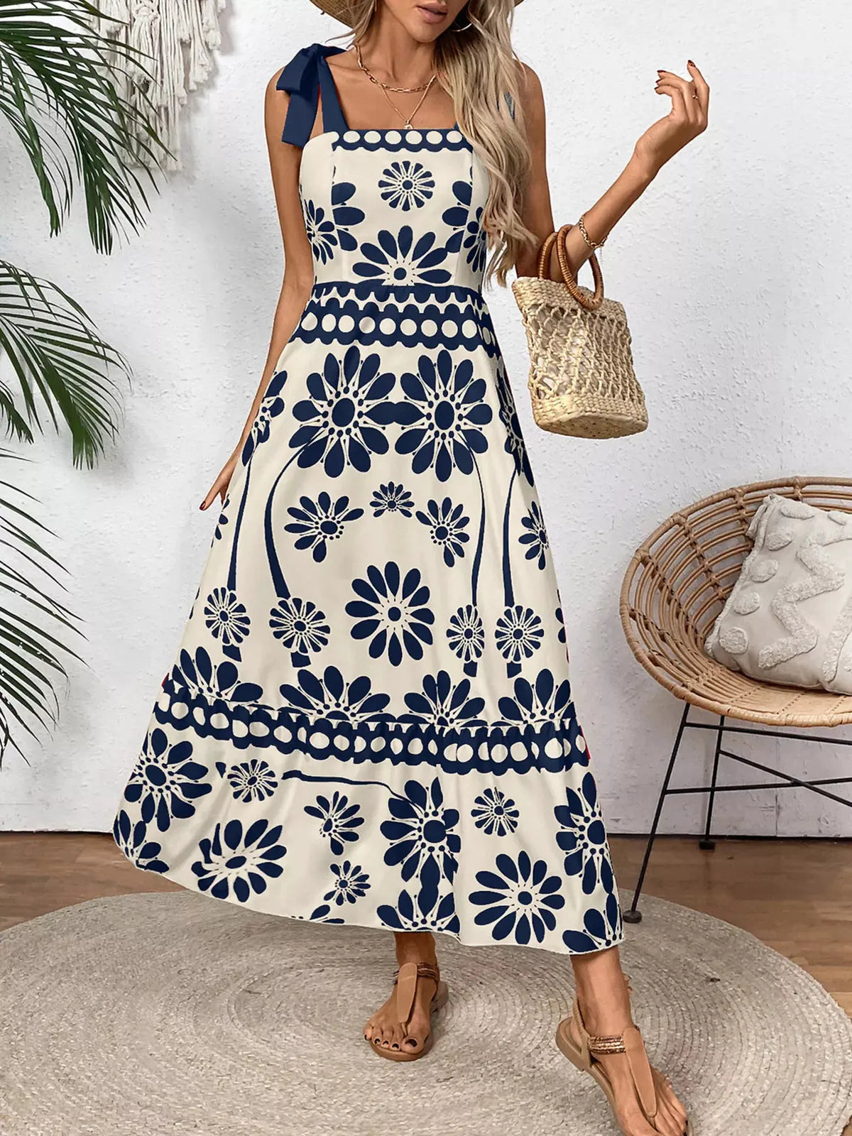 Floral Print Tie-Shoulder Midi Dress by Partner Label