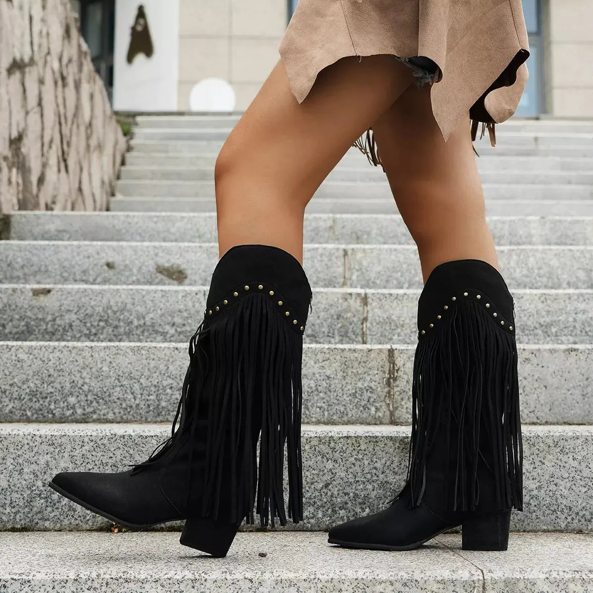 Fringe Point Toe Block Heels Boots by Partner Label