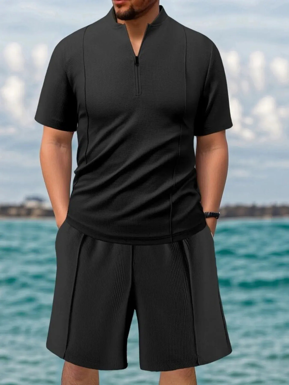 Men's Full Size Zip Front Short Sleeve Top and Shorts Set Plus Size by Trendsi