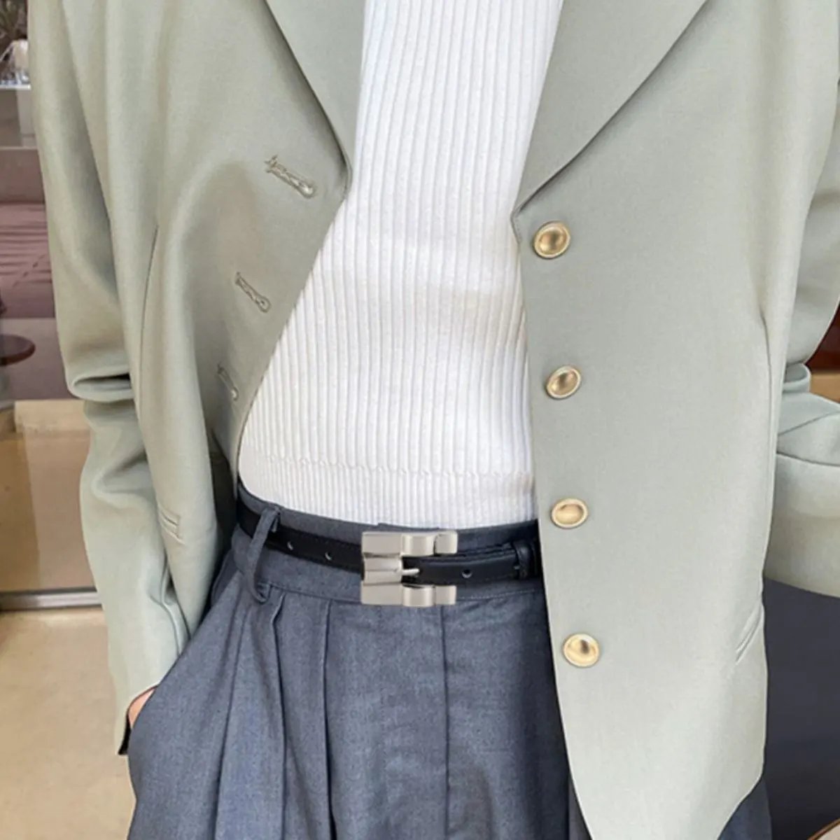 Skinny Leather Belt with Silver Buckle by Trendsi