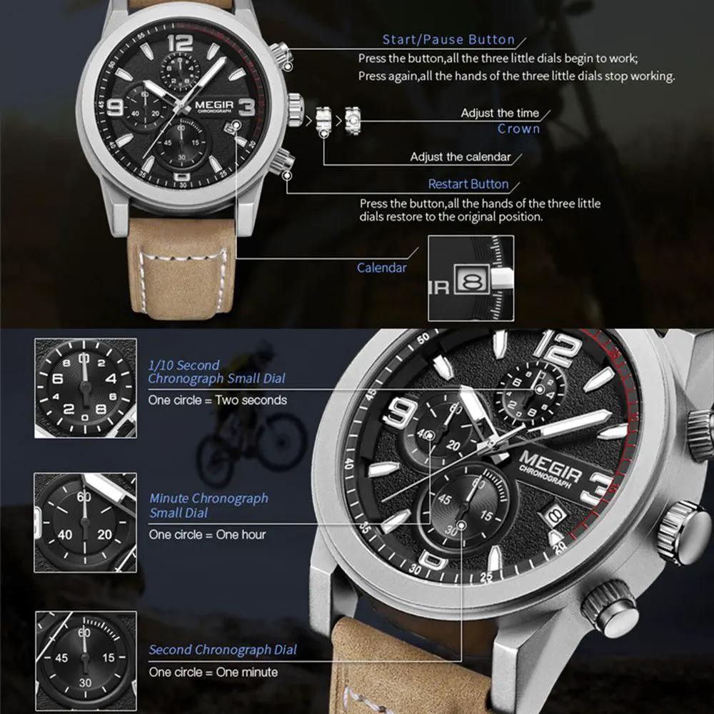 MEGIR Luxury Chronograph Men's Sport Watches Leather Strap Quartz Wristwatch Luminous Casual Male Clock Relogio Masculino 2026 by MEGIR WATCH GROUP