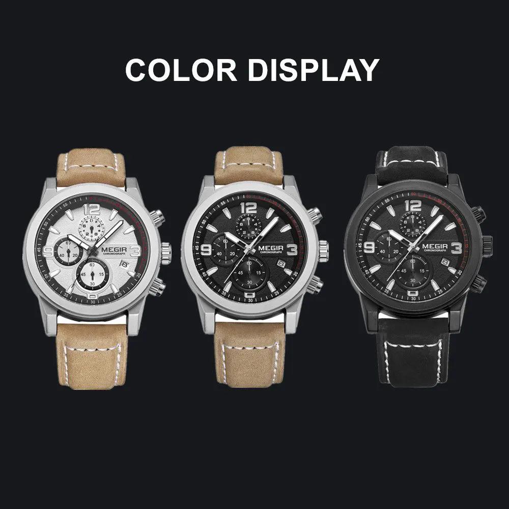 MEGIR Luxury Chronograph Men's Sport Watches Leather Strap Quartz Wristwatch Luminous Casual Male Clock Relogio Masculino 2026 by MEGIR WATCH GROUP