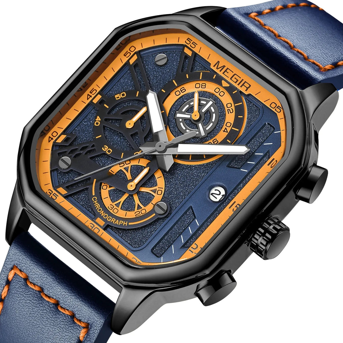 MEGIR Fashion Square Case Men's Sport Watch Quartz Chronograph Luminous Military Wristwatches Luminous Date Clock Reloj Hombre 8106 by MEGIR WATCH GROUP