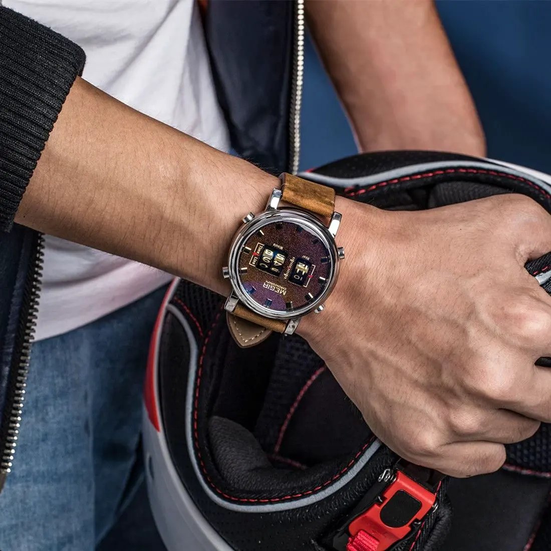 MEGIR Roller Pointer Watches for Men Fashion Luxury Military Sport Watch Leather Strap Quartz Wristwatch Clock Relogio Mascilino 2137 by MEGIR WATCH GROUP