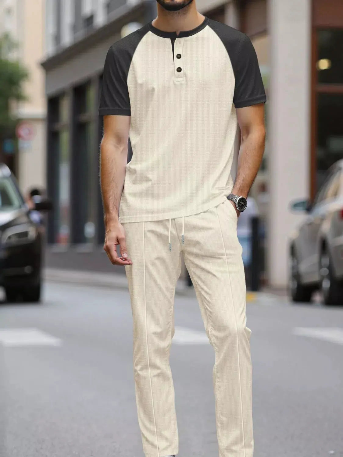 Men's Full Size Casual Two-Tone Raglan Sleeve Tee and Pants Set Plus Size by Trendsi