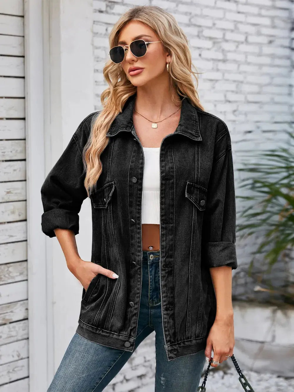 Button Up Long Sleeve Denim Jacket by Partner Label