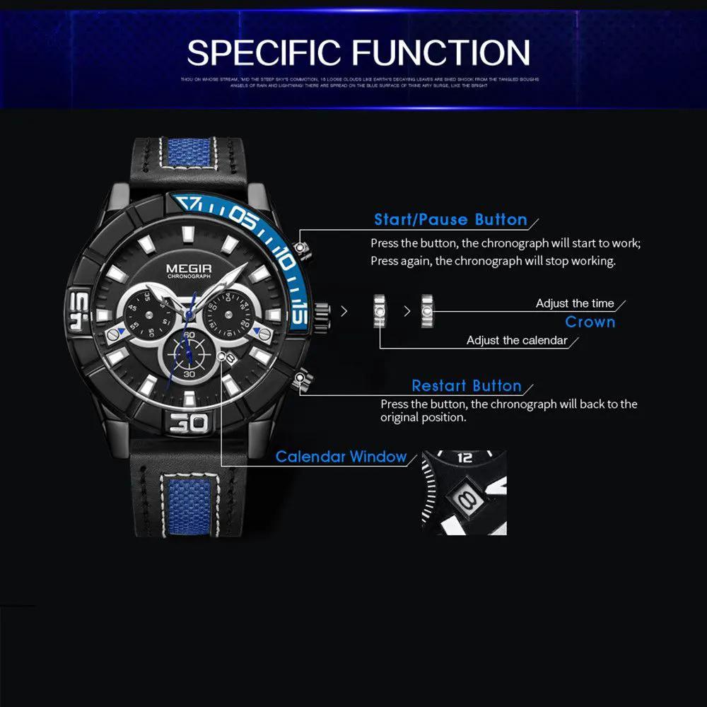MEGIR Leather Strap Men Watches Fashion Military Sports Chronograph Waterproof Luminous Quartz Wristwatch Clock 24-hour 2066 by MEGIR WATCH GROUP