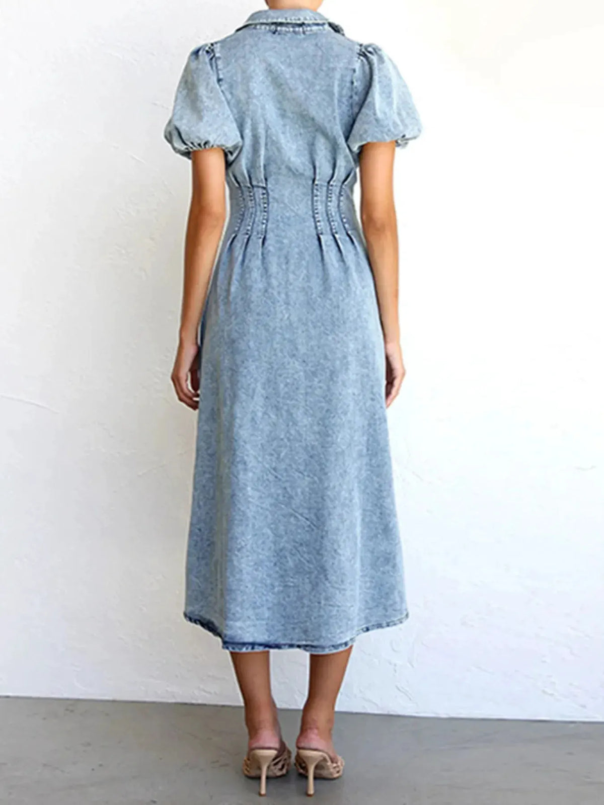 Puff Sleeve Button Front Denim Midi Dress by Partner Label