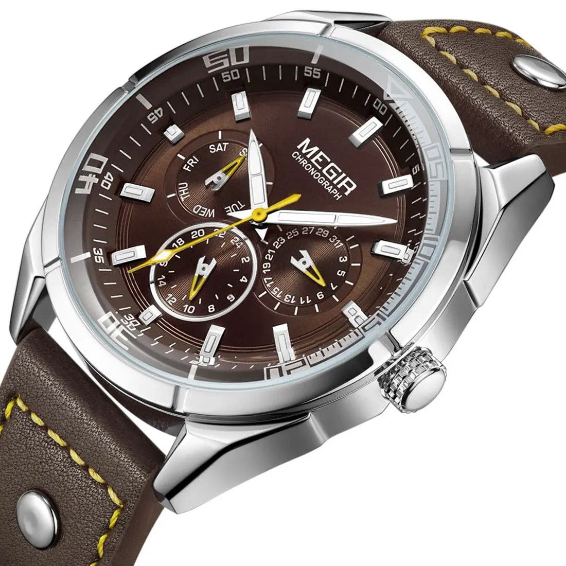 MEGIR Fashion Quartz Chronograph Watch for Men Leather Strap Military Sport Wristwatch Waterproof 24-hour Week Date Clock 2072 by MEGIR WATCH GROUP