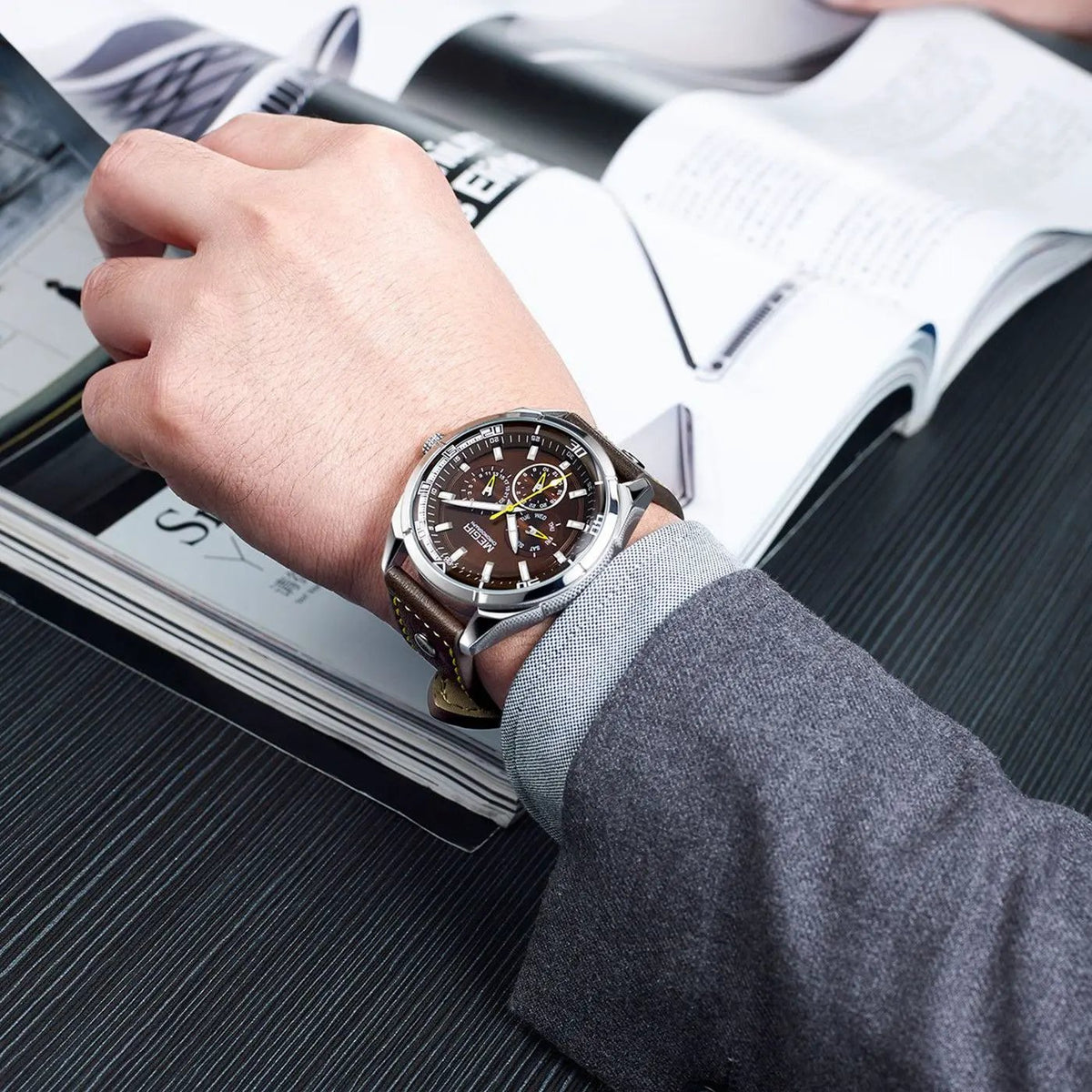 MEGIR Fashion Quartz Chronograph Watch for Men Leather Strap Military Sport Wristwatch Waterproof 24-hour Week Date Clock 2072 by MEGIR WATCH GROUP