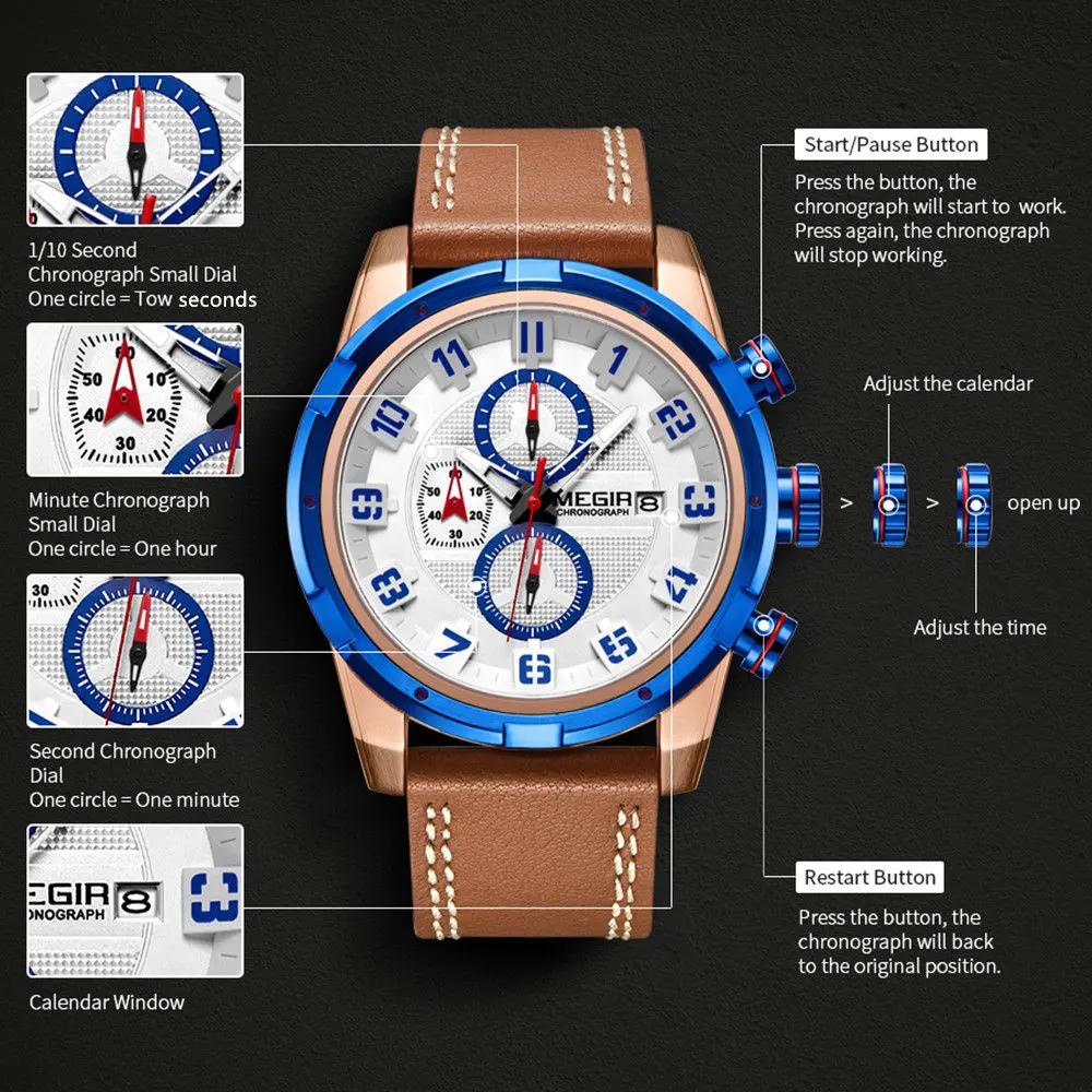 MEGIR Sport Watch for Men Leather Strap Quartz Military Wristwatch with Chronograph Waterproof Calendar Clock Reloj Hombre 2082 by MEGIR WATCH GROUP