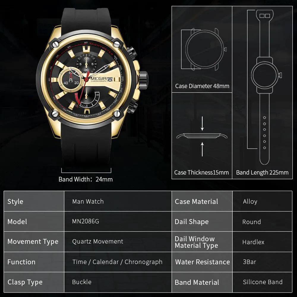 MEGIR Chronograph Luxury Brand Men Sports Watches Silicone Strap Quartz Casual Wristwatch Waterproof Calendar Reloj Hombre 2086 by MEGIR WATCH GROUP