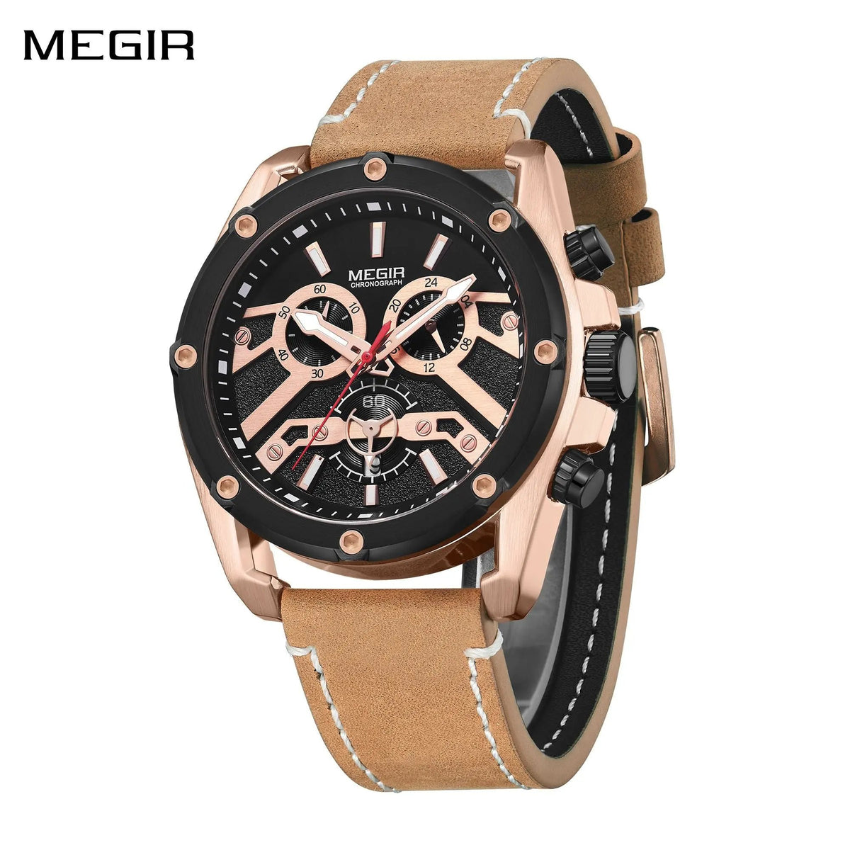 MEGIR Watches for Men Leather Strap Sport Wristwatch Male Clock Waterproof Luminous Quartz Chronograph 24-hour Reloj Hombre 2120 by MEGIR WATCH GROUP