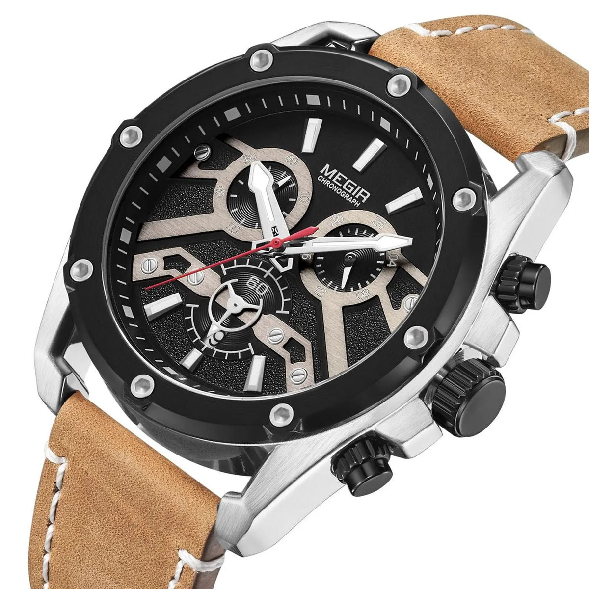 MEGIR Watches for Men Leather Strap Sport Wristwatch Male Clock Waterproof Luminous Quartz Chronograph 24-hour Reloj Hombre 2120 by MEGIR WATCH GROUP