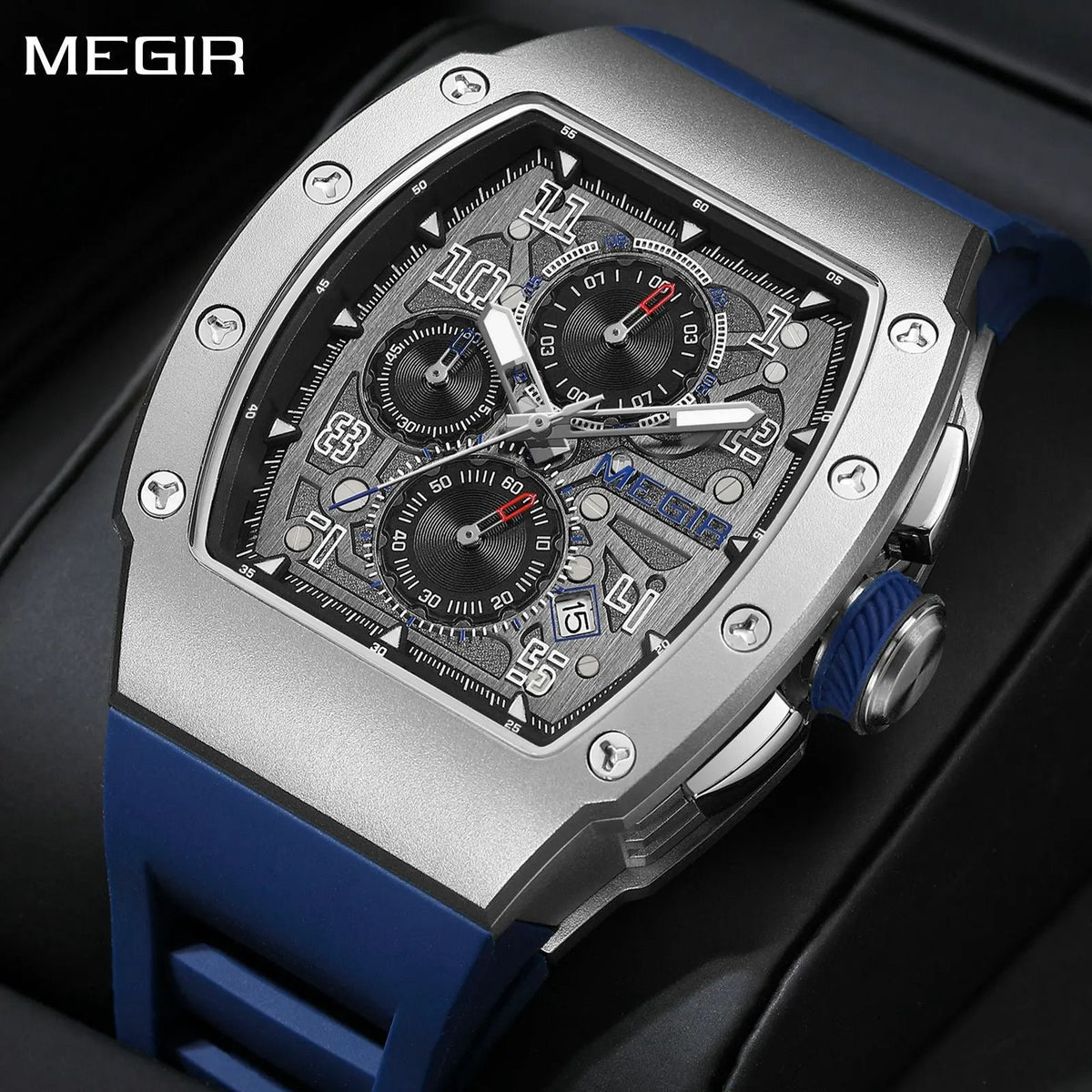 MEGIR Blue Luxury Sport Watch for Men Steel Case Waterproof Luminous Military Quartz Chronograph Auto Date Reloj Hombre 8411 by MEGIR WATCH GROUP
