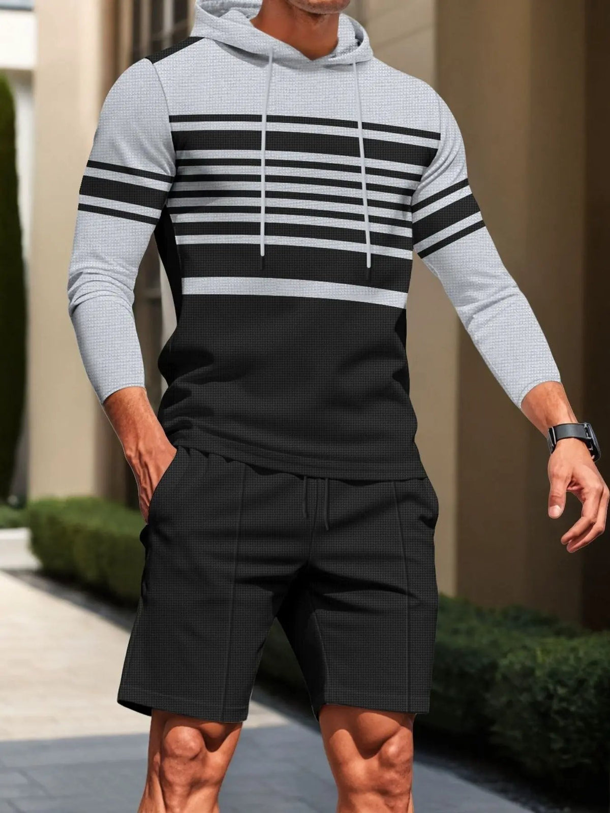 Men's Full Size Striped Hoodie & Shorts Casual Set Plus Size by Partner Label