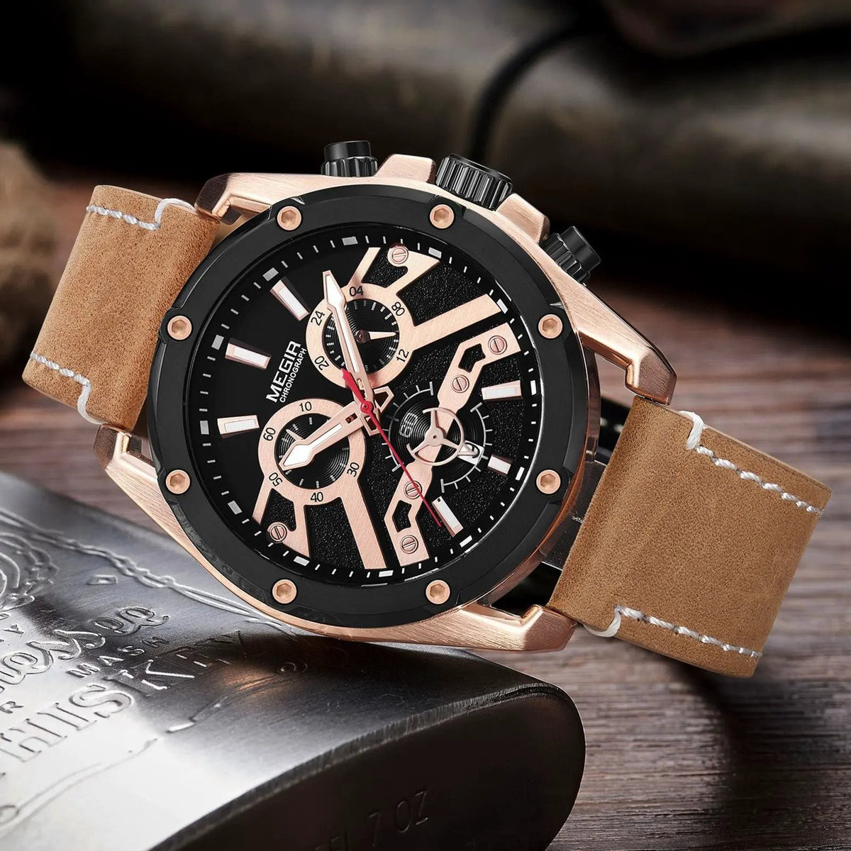 MEGIR Watches for Men Leather Strap Sport Wristwatch Male Clock Waterproof Luminous Quartz Chronograph 24-hour Reloj Hombre 2120 by MEGIR WATCH GROUP