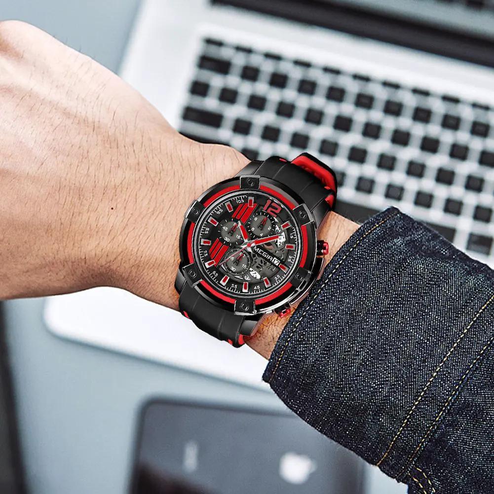 MEGIR Chronograph Mens Sport Watches with Silicone Band Big Dial Military Quartz Watch Men Clock Relogio Masculino Reloj Hombre 2097 by MEGIR WATCH GROUP