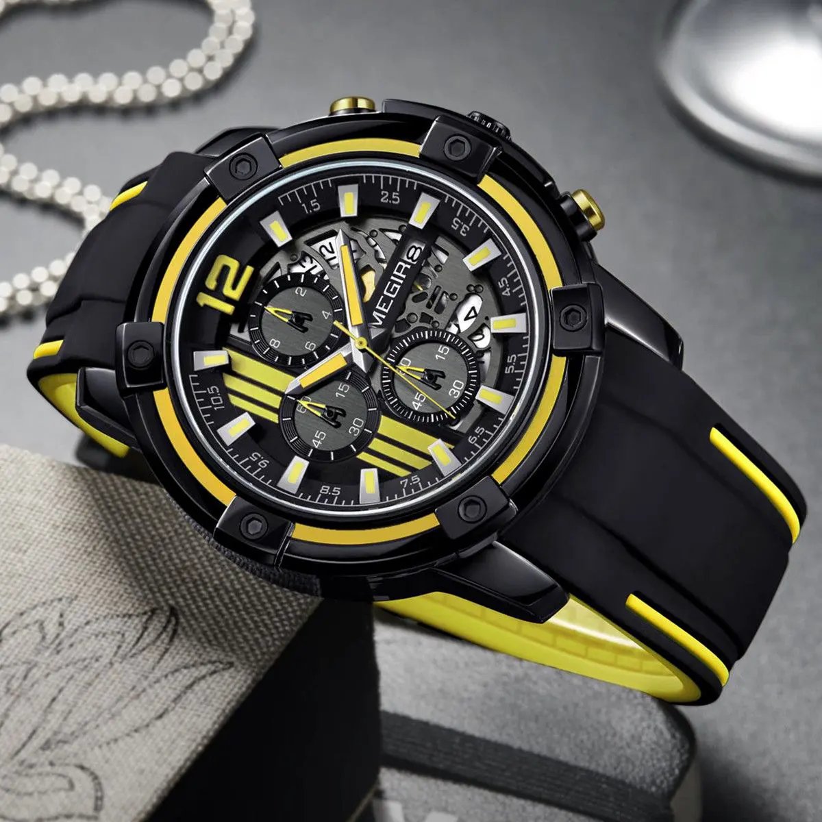 MEGIR Chronograph Mens Sport Watches with Silicone Band Big Dial Military Quartz Watch Men Clock Relogio Masculino Reloj Hombre 2097 by MEGIR WATCH GROUP