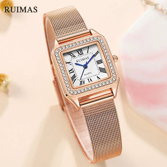 RUIMAS Fashion Stainless Steel Mesh Women Bracelet Watches Luxury Square Ladies Quartz Casual Wristwatches Female Dress Clock 336 by MEGIR WATCH GROUP