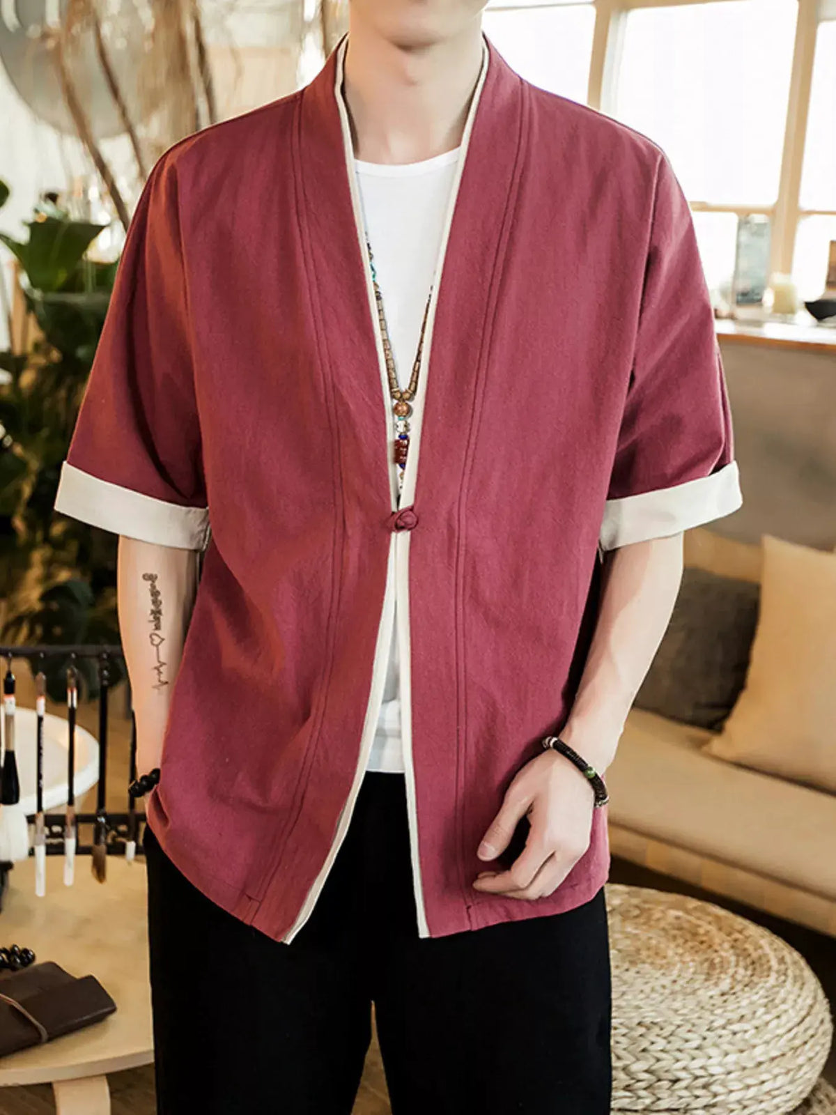 Men's Plus Size Contrast Trim Half Sleeve Shirt by Trendsi