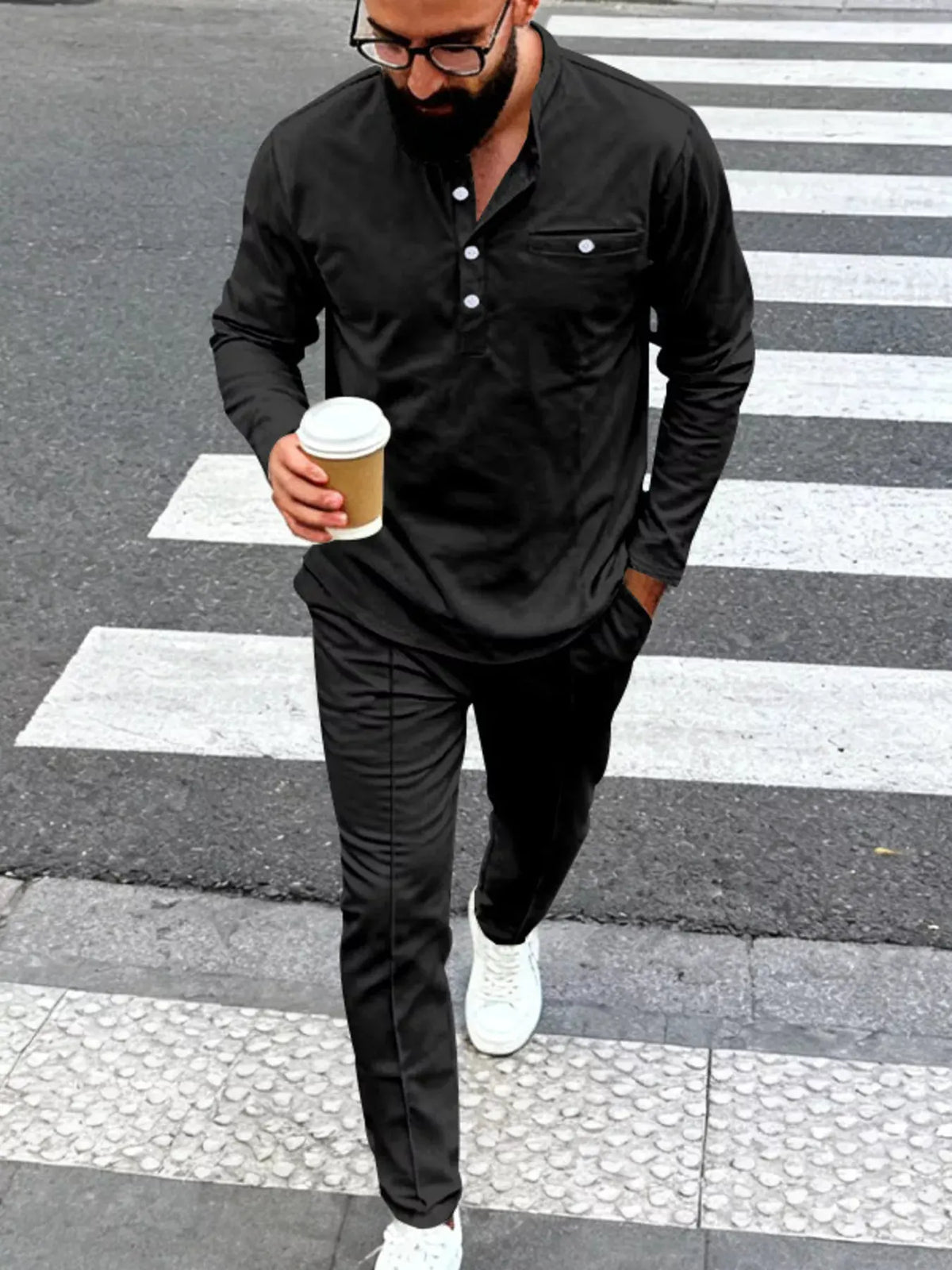 Men's Full Size Casual Long Sleeve Henley Top and Drawstring Joggers Set Plus Size by Trendsi