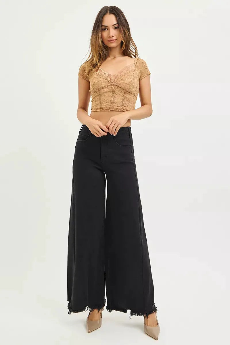 RISEN Tummy Control High Rise Palazzo Leg Frayed Hem Jeans by RISEN