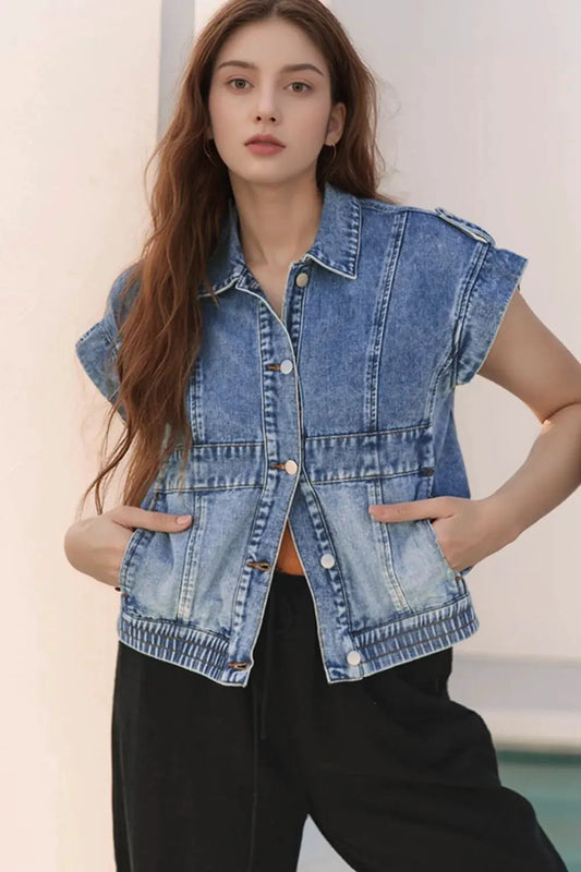 Button Up Cap Sleeve Denim Jacket by Partner Label