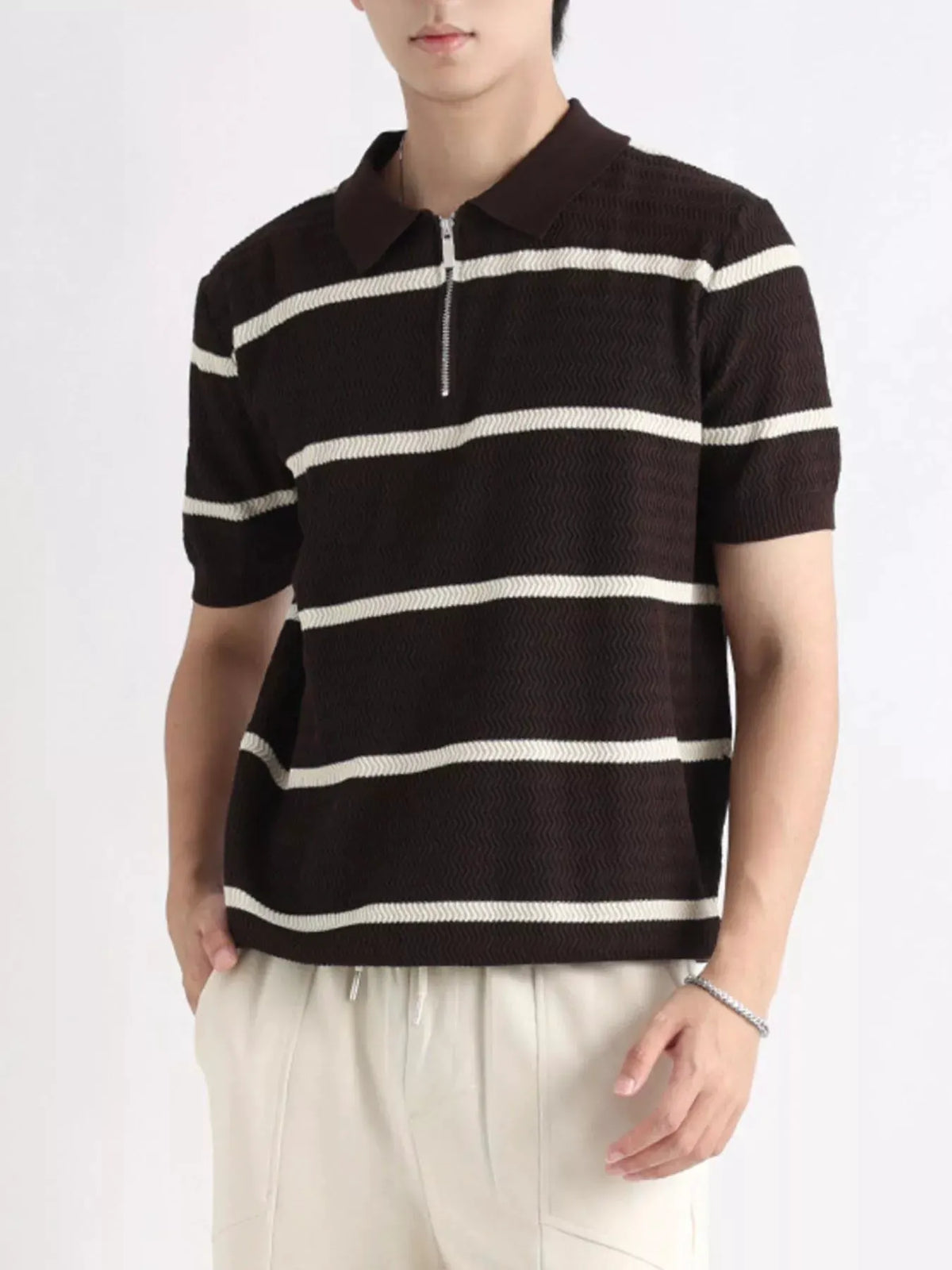 Men's Plus Size Striped Zip-Up Knit Polo by POL