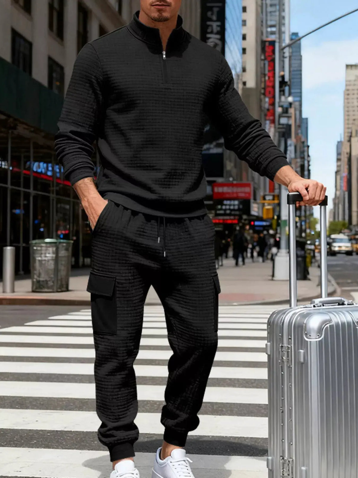 Men's Full Size Quarter-Zip Top and Cargo Joggers Set Plus Size by Trendsi